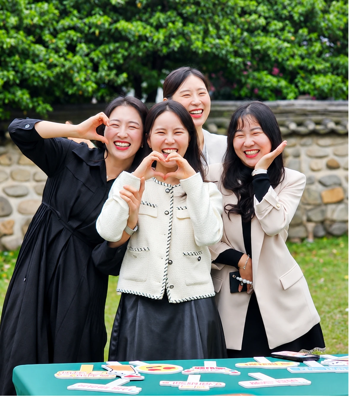 야외 웨딩에서 하트 포즈를 하며 웃는 친구들